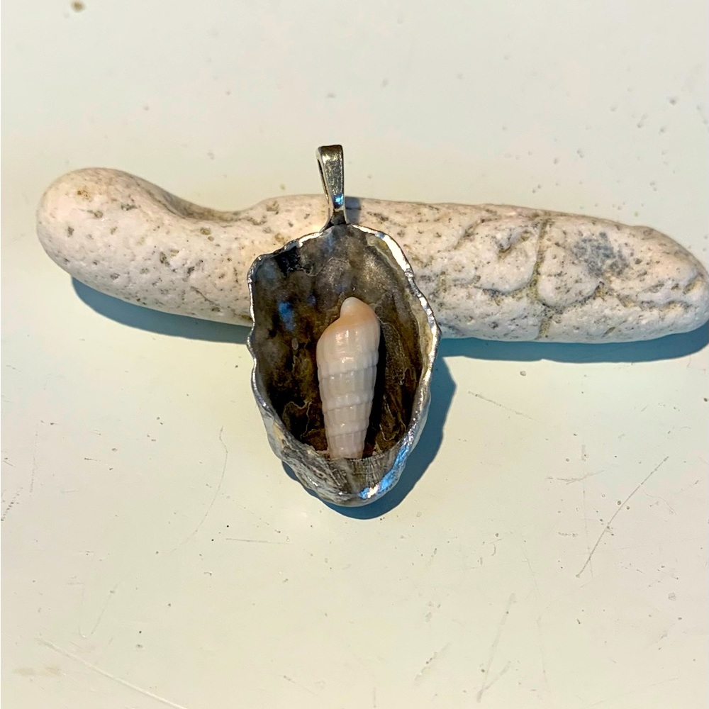 Baby Oyster & Shell Pendant - Handmade - Natural with touch of silver